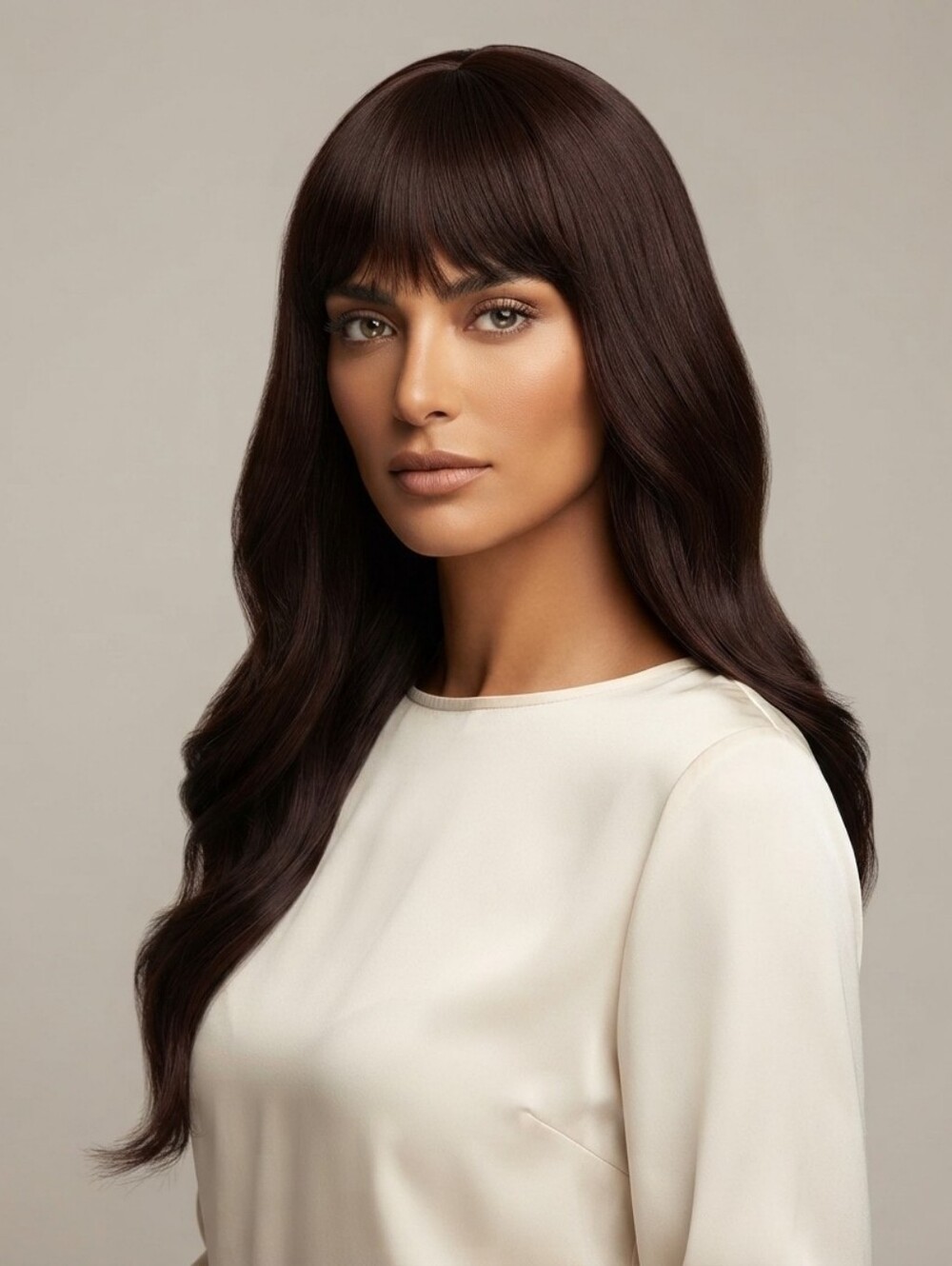 Long Dark Brown Layered Wig with Bangs Synthetic Straight Wave 28"